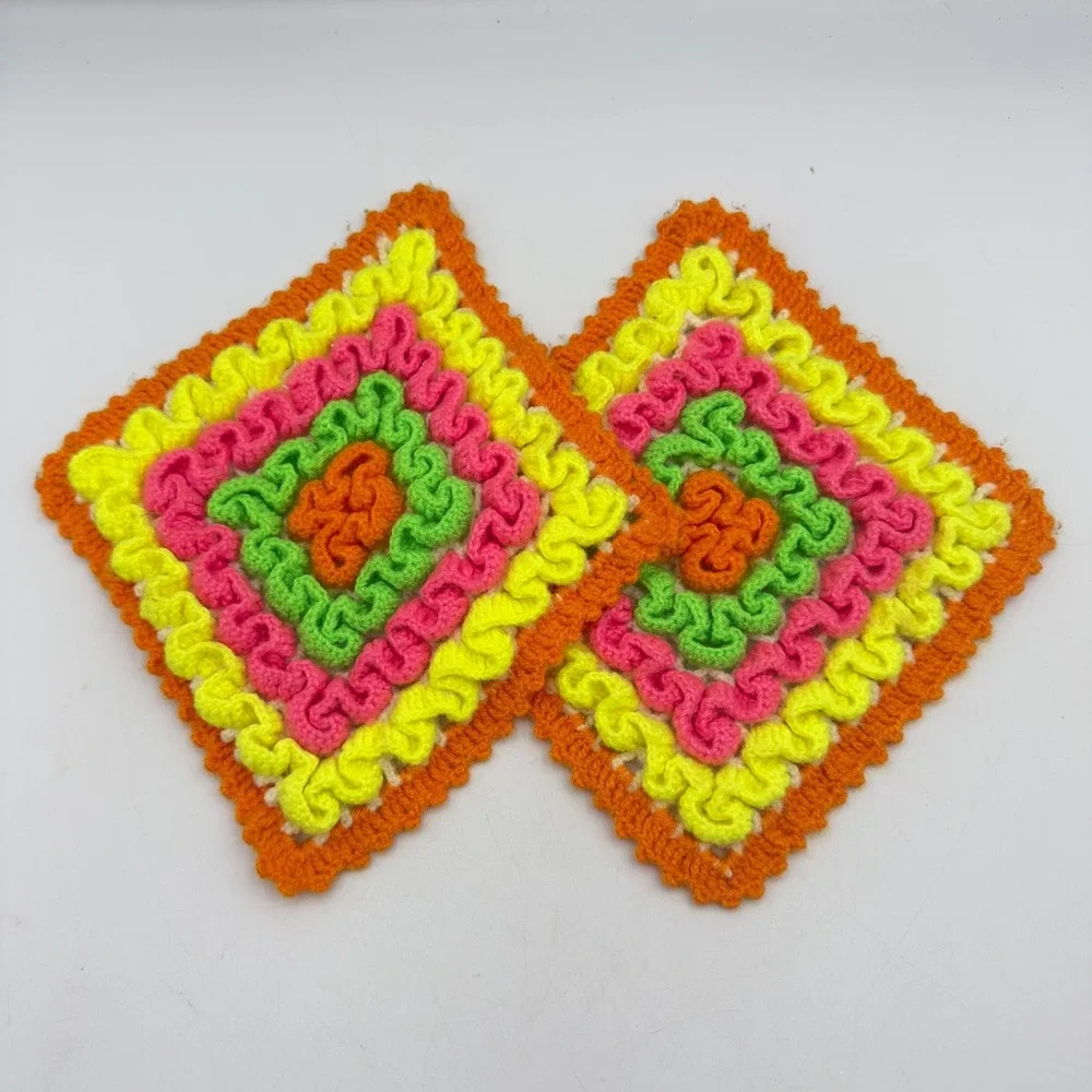 Set of 2 Vintage Crochet Pot‎ Holders Coasters Retro Rainbow Square 6 Inch